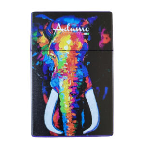 Paars sigarettendoosje met een afbeelding van een olifant in verschillende kleuren