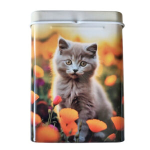 sigarettenblikje grijze kitten leuk sigarettenblikje met een afbeelding van een grijze kitten tussen bloemen