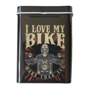 sigarettenblikje i love my bike more than you Stoer sigarettenblikje met een motorrijder en de tekst I love my bike more than you