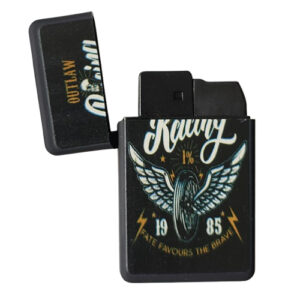 Stoere single jetflame aansteker met de tekst: 'outlaw racing 1985, fate favours the brave'