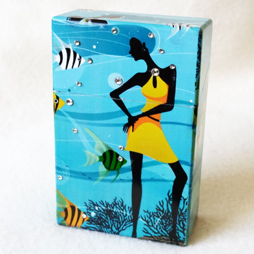 Sigarettendoosje stras art blauw vissen