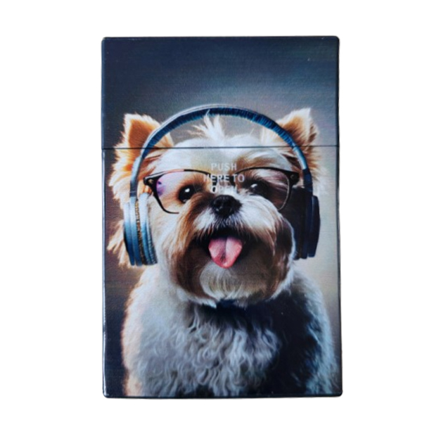 Sigarettendoosje hond met koptelefoon blauw