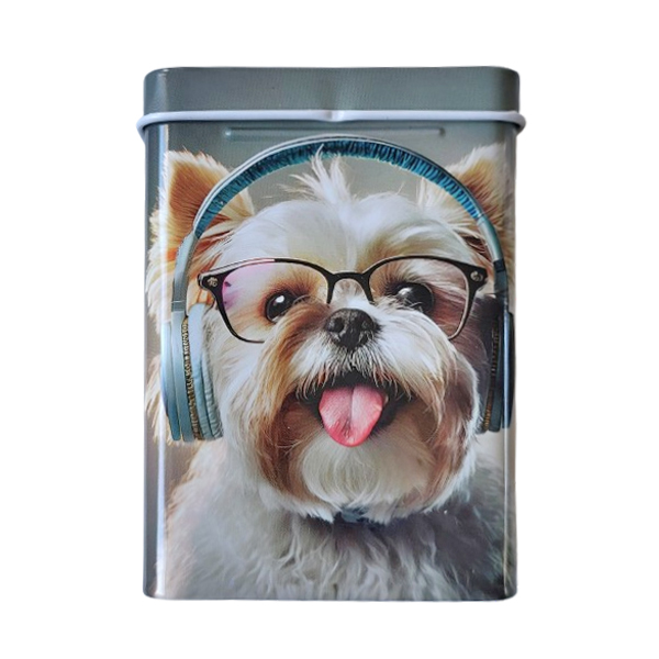 Sigarettendoosje hondje met bril en koptelefoon