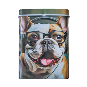 Sigarettendoosje hond met koptelefoon en bril