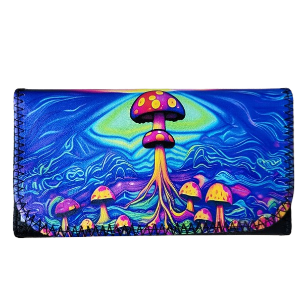 Shagetui paddenstoelen roze/geel op blauw/groene achtergrond