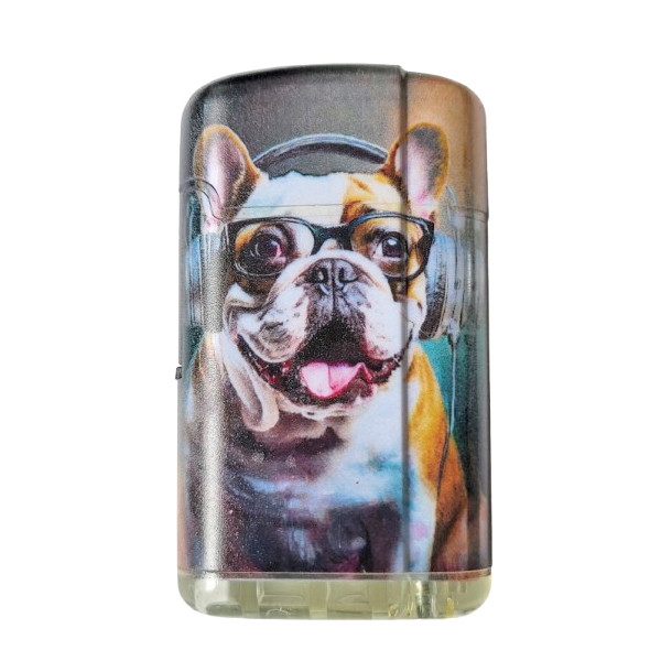 Aansteker hondje met koptelefoon en bril