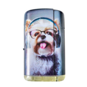 Aansteker hondje met koptelefoon en bril wit