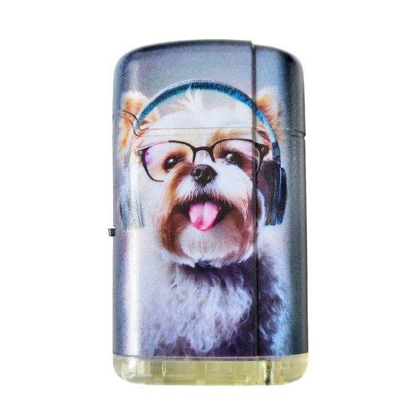 Aansteker hondje met koptelefoon en bril wit