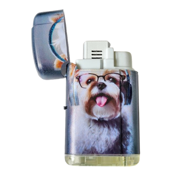 Aansteker hondje met koptelefoon en bril wit