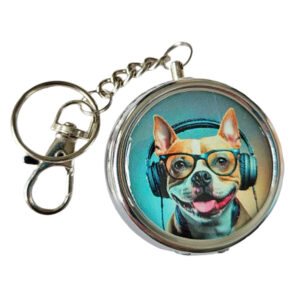 Zakasbakje hondje bruin/wit met koptelefoon en bril