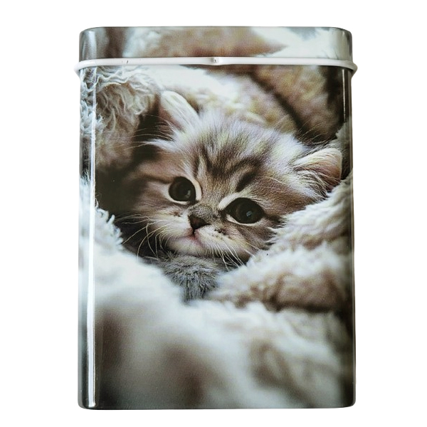 Sigarettendoosje kitten in deken grijs