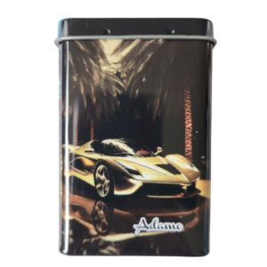 Mooi sigarettenblikje met een sportwagen en palmbomen