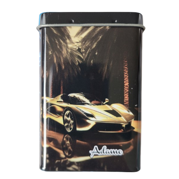 Mooi sigarettenblikje met een sportwagen en palmbomen