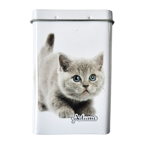 Leuk sigarettenblikje met een grijze poes