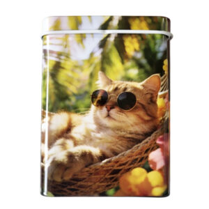sigarettenblikje rode kat in hangmat met zonebril Leuk sigarettenblikje met een rode kat met een zonnebril op die ligt te chillen in een hangmat